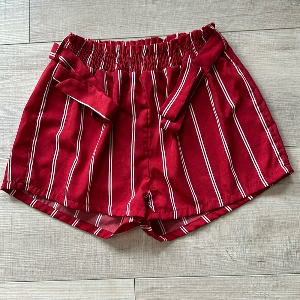 Red and white striped zaful paper bag shorts with string, size medium